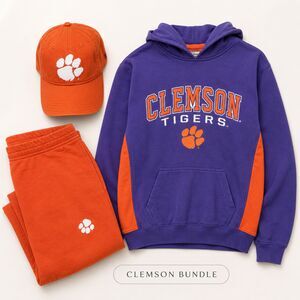 Clemson Tigers Fan Gear Bundle Hoodie, Vintage Russell Sweatpants, New Era Hat